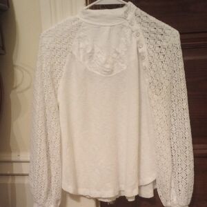 FREE PEOPLE White Crochet Sleeve Lace Accent Top